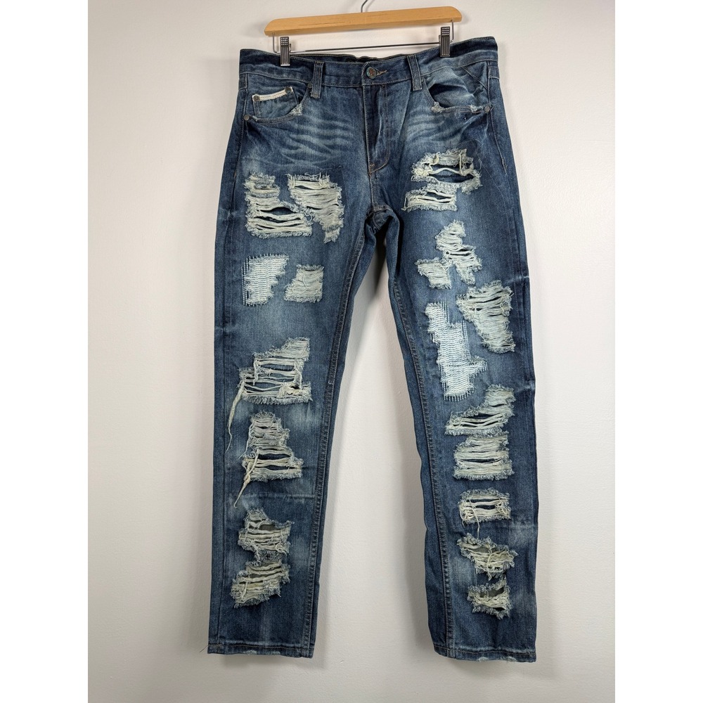 Heritage America Jeans Mens 36x32 Distressed Blue Ripped Denim Distillery EUC